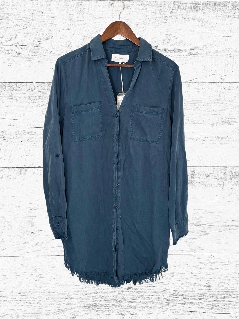 Dear John Navy Frayed-Hem Long Tunic Shirt